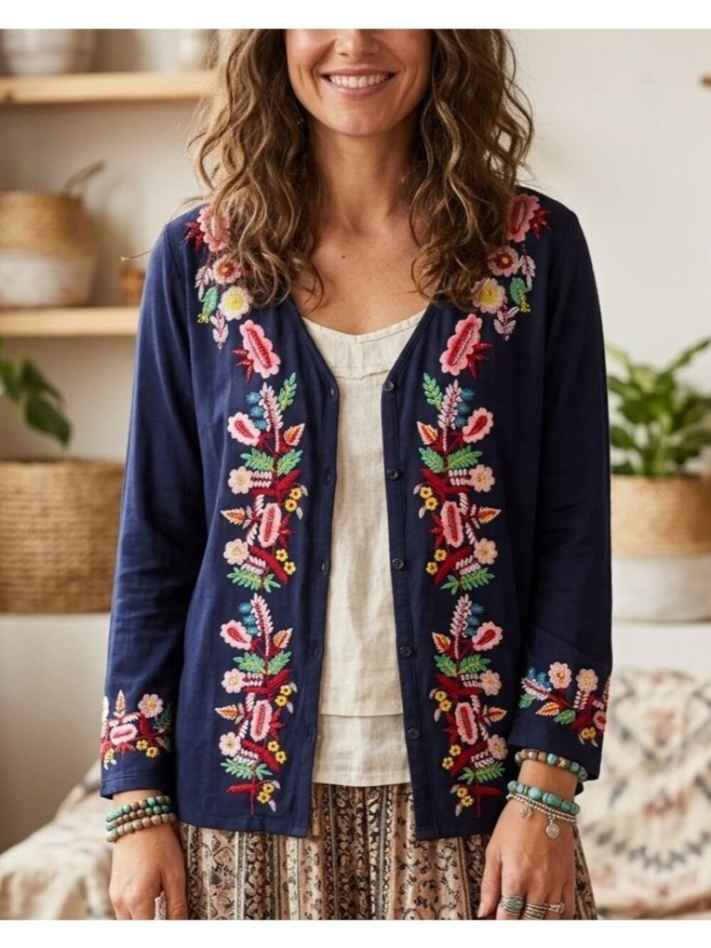 Boston Proper Navy Blue Knit Cardigan XL Floral‎ Embroidery Bohemian Cottagecore